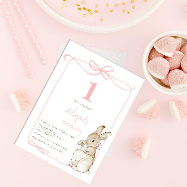 Coquette Pink Peter The Rabbit Girl 1st Birthday Invitation