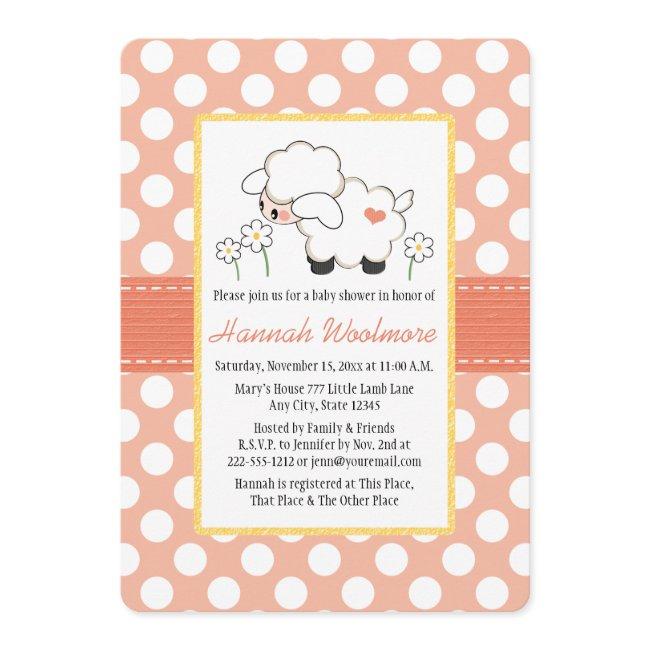 Coral Polka Dot Lamb Baby Shower Invitation