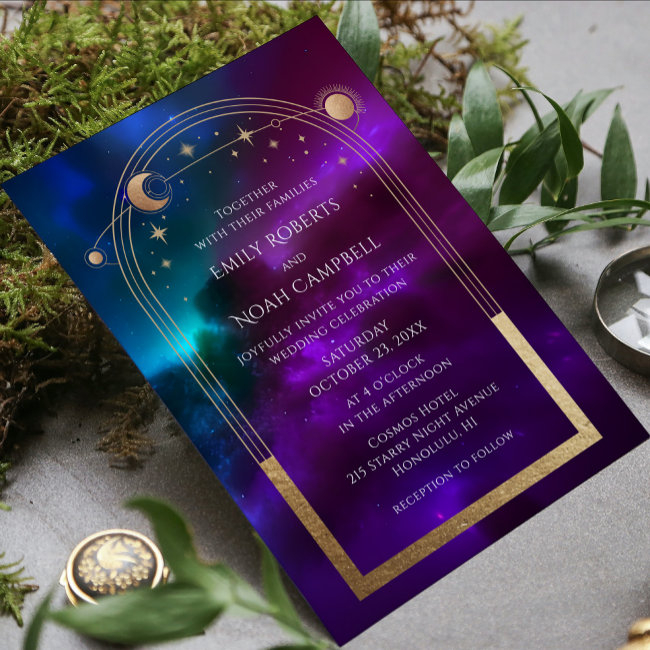 Cosmic Purple Teal Gold Sun Moon Astronomy Space Invitation