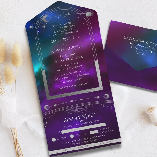 Cosmic Purple Teal Silver Sun Moon Wedding All In One Invitation