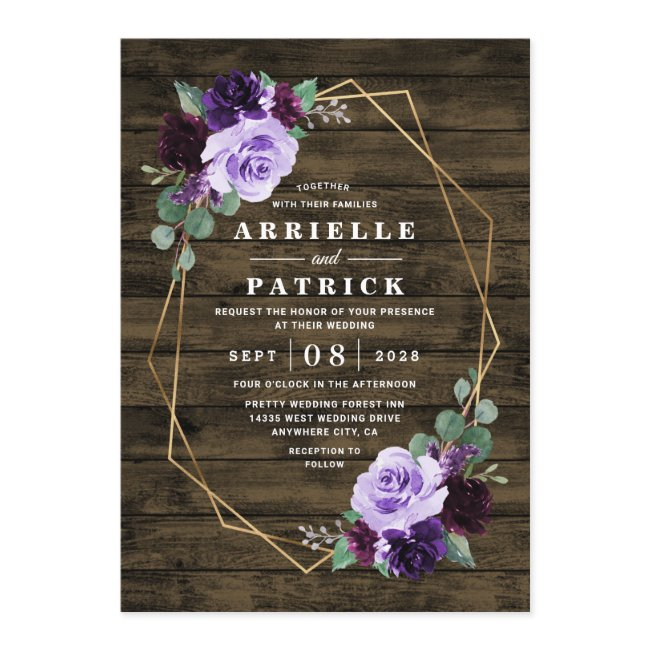 Country Rustic Floral Purple And Gold Wedding Invitation