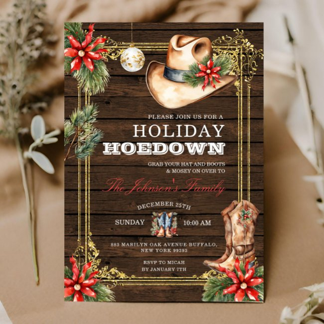 Country Wood Western Christmas Holiday Hoedown Invitation