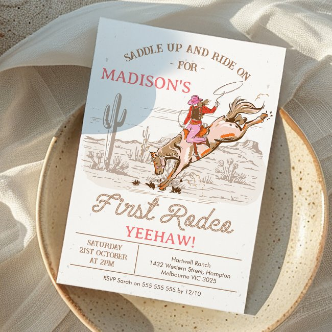Cowgirl Brown First Rodeo 1st Birthday Invitation