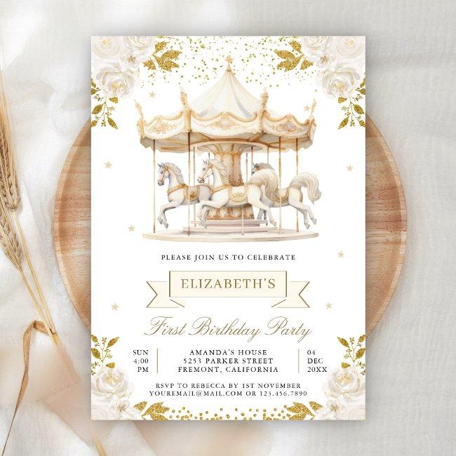 Cream Gold Floral Carousel First Birthday Party Invitation
