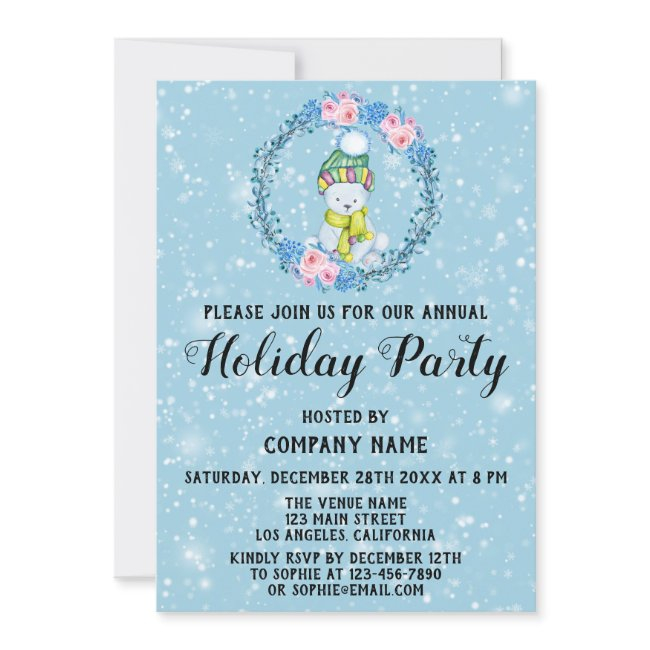 Cuddly Bear Wreath Company Holiday Party Blue Snow Invitation