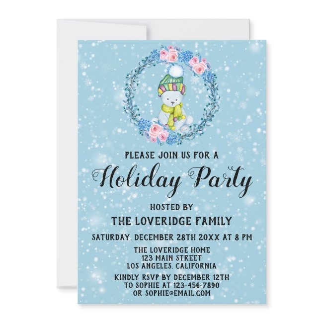 Cuddly Bear Wreath Xmas Holiday Party Blue Snow Invitation