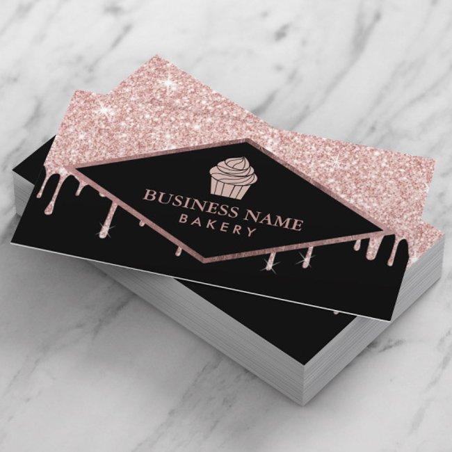 Cupcake Pastry Cake Bakery Rose Gold Glitter Drips Business Invitations
