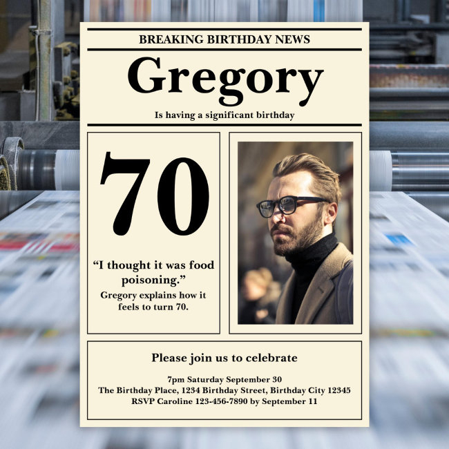 Custom 70th Birthday Funny Quote Retro Newspaper Invitation