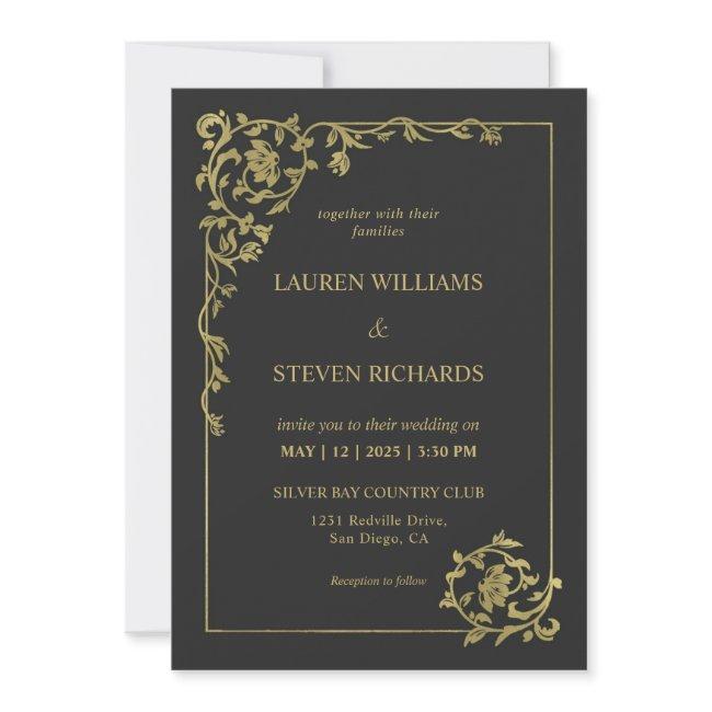 Custom Black Gold Royal Ancient Decoration Wedding Invitation