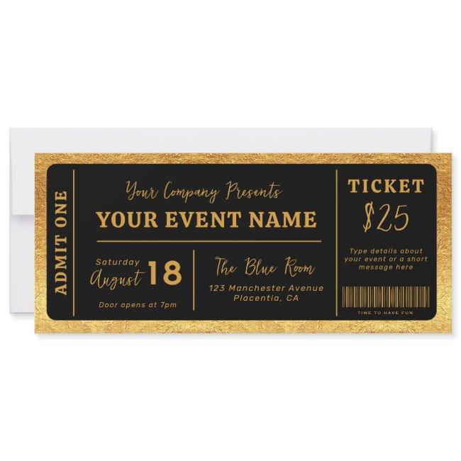 Custom Event Ticket Concert Fake Ticket Black Gold Invitation