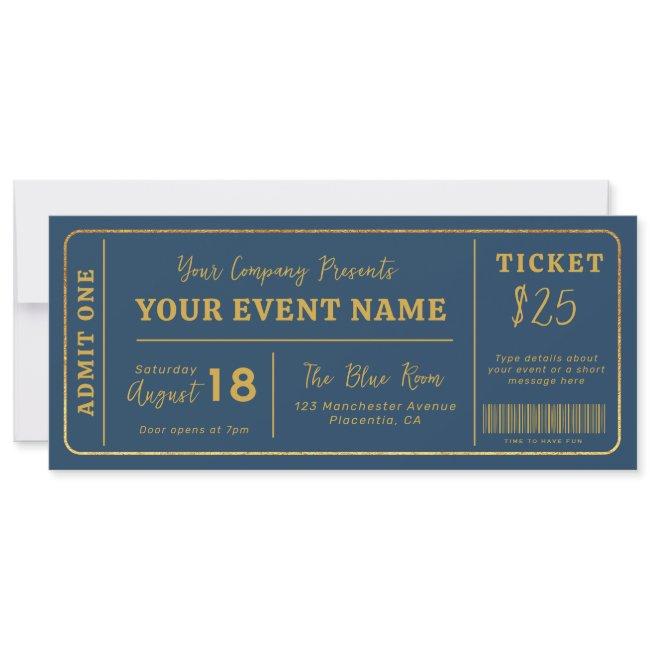 Custom Event Ticket, Concert Fake Ticket Gold Invitation