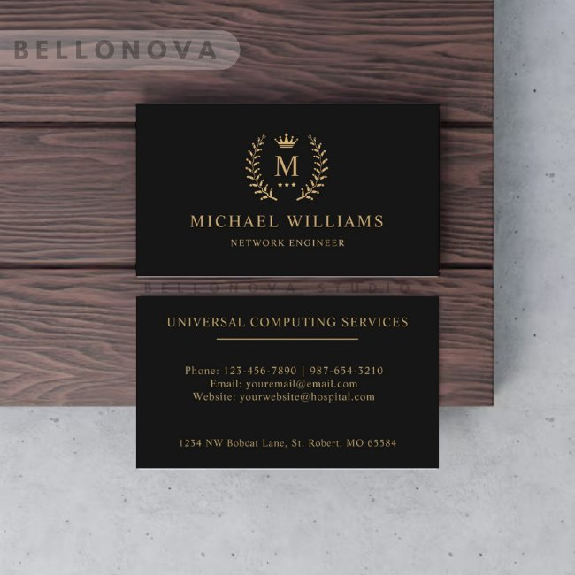 Custom Initial & Name Black And Gold Monogrammed Business Invitations