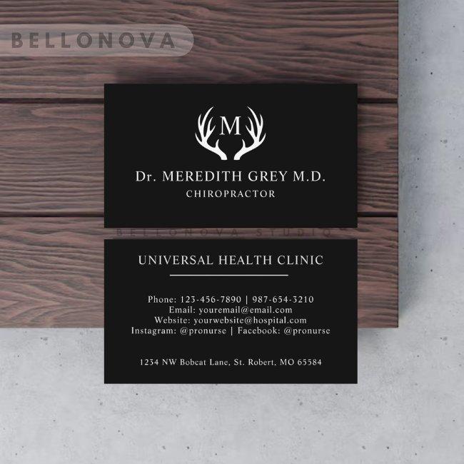 Custom Name Black And White Deer Antler Monogram Business Invitations