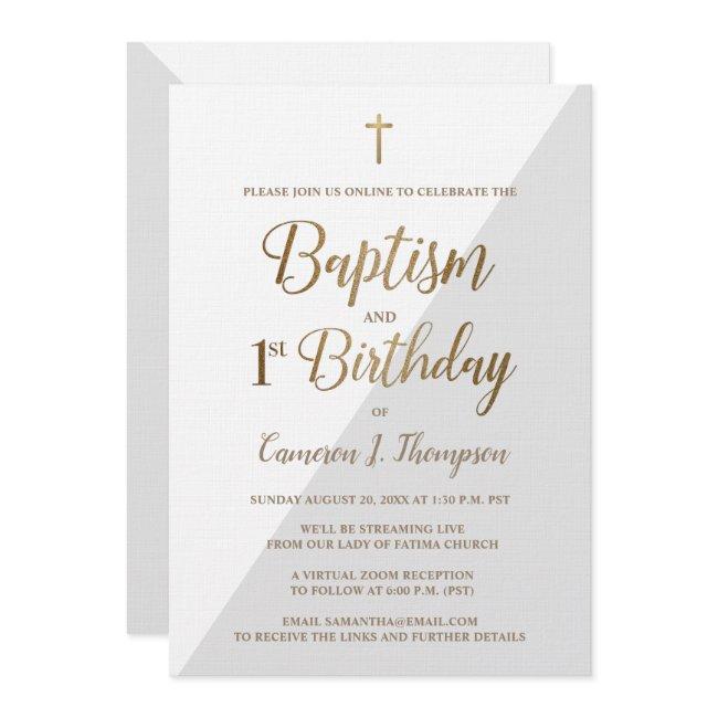 Custom Virtual Gold Baptism And First Birthday Invitation