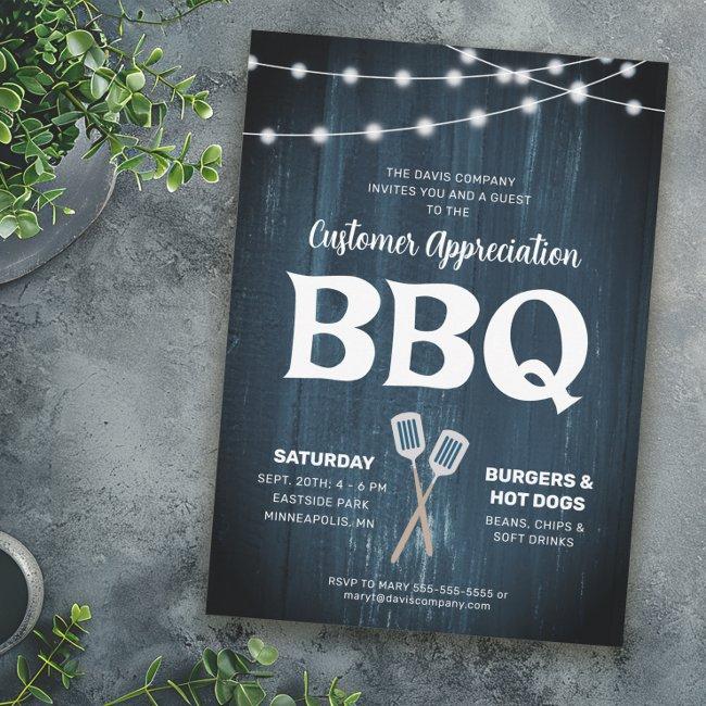 Customer Appreciation Bbq Rustic Blue Invitation