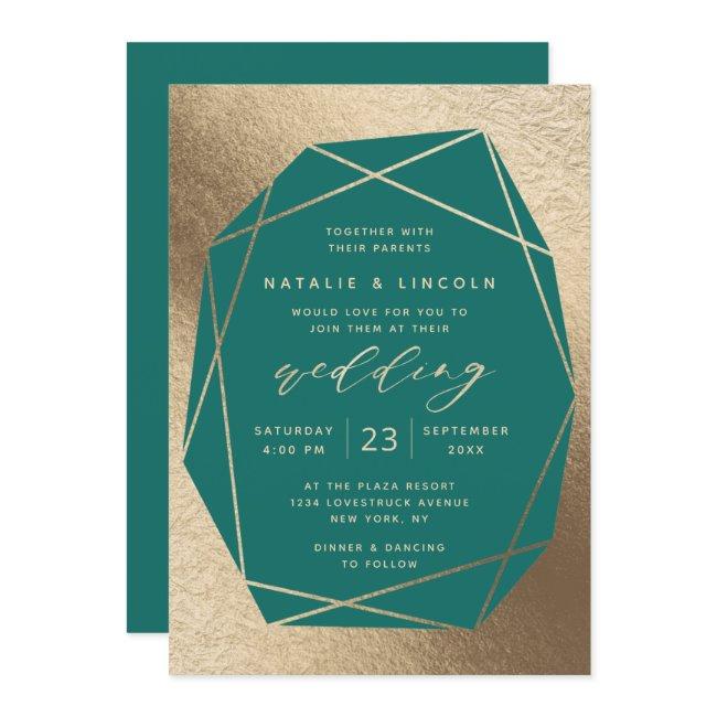 Cut Gemstone Teal Green & Gold Foil Wedding Invitation