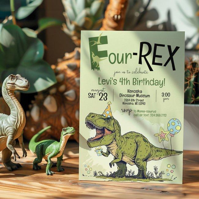 Cute 4-rex Funny Dinosaur Boy 4th Birthday Party Invitation