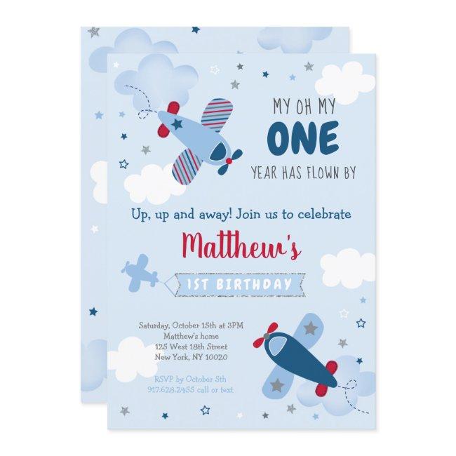 Cute Airplane Stars Clouds First Birthday Invitation