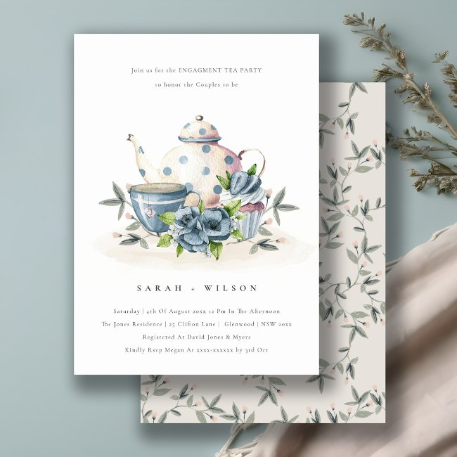 Cute Aqua Blue Floral Teapot Cup Engagement Invite