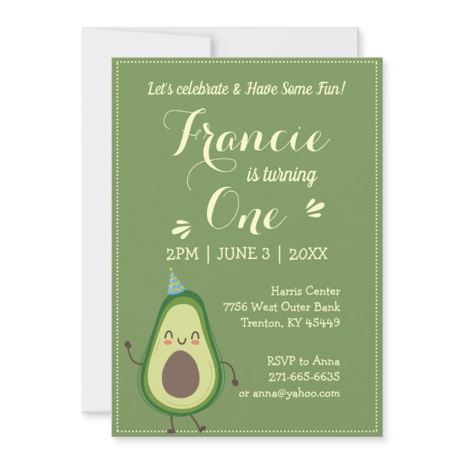 Cute Avocado Personalize Colorful 1st Birthday Invitation