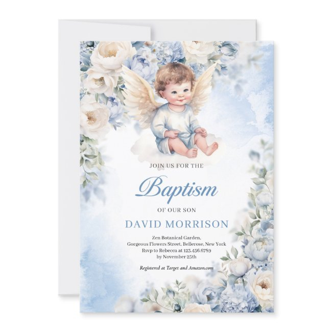 Cute Baby Angel Dusty Blue Ivory Flowers Baptism Invitation