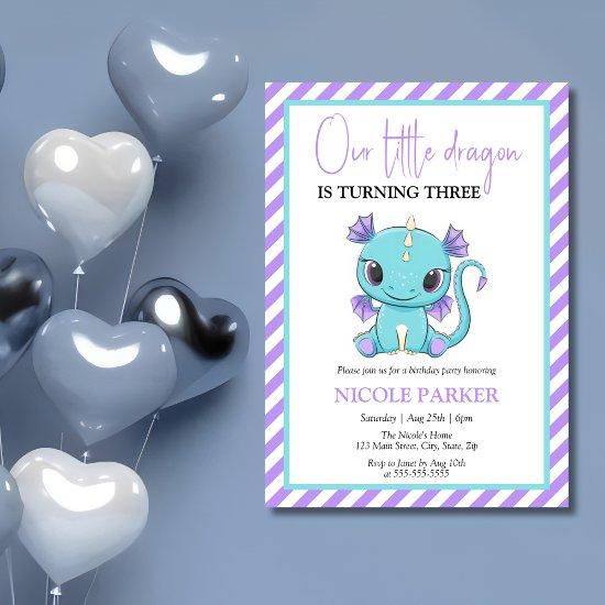 Cute Baby Dragon Purple Stripes Birthday Invitation