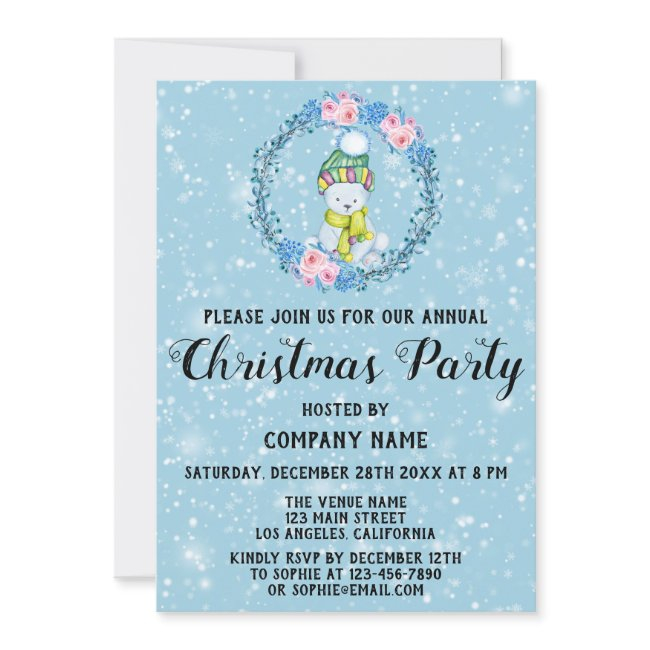 Cute Bear Wreath Company Christmas Party Blue Snow Invitation