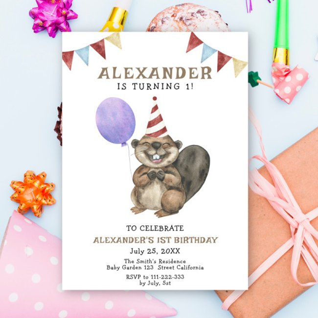 Cute Beaver 1st Birthday Party Invitation