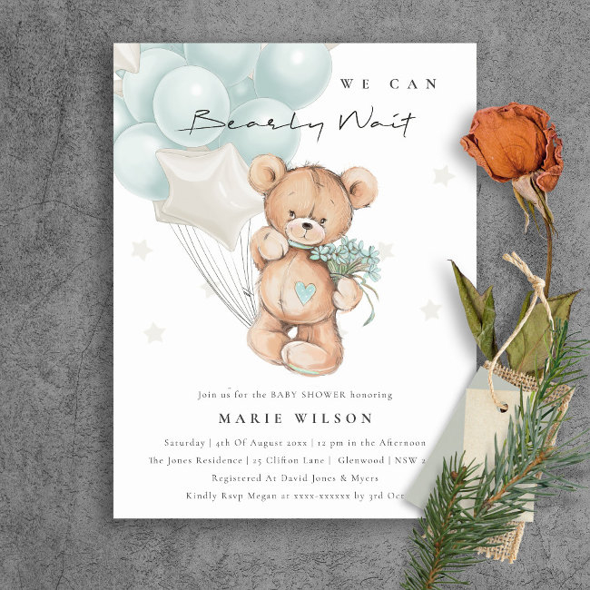 Cute Blue Bear Bearly Wait Balloon Baby Shower Postinvitations