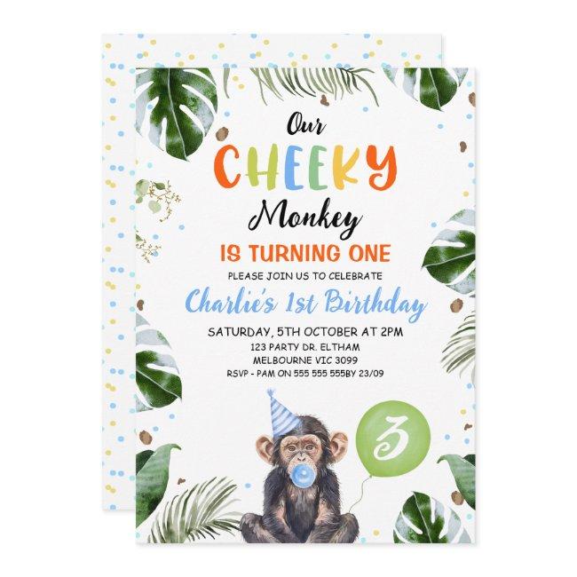 Cute Blue Hat Our Cheeky Monkey 1st Birthday Invitation