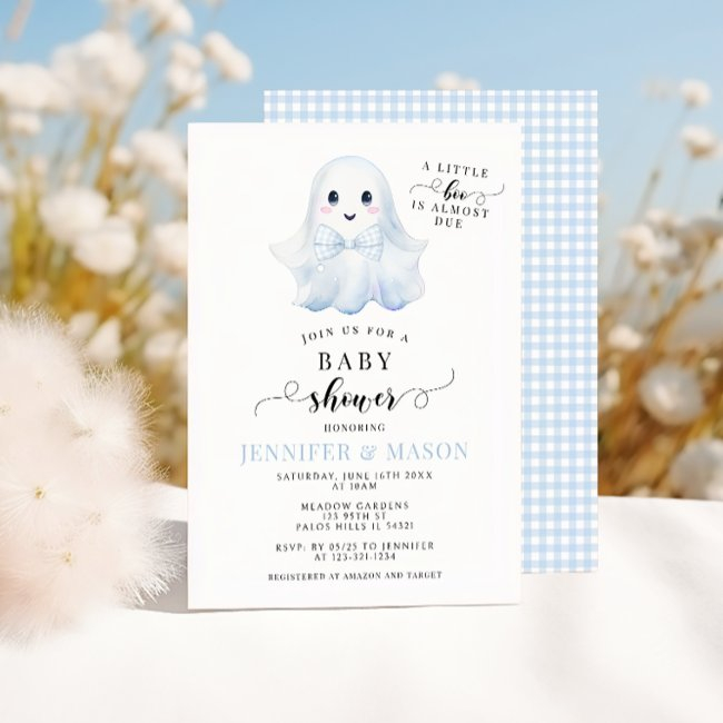 Cute Blue Little Boo Ghost Bow Tie Baby Boy Shower Invitation