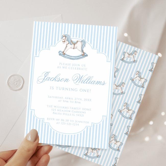 Cute Blue Rocking Horse Stiped Boho Birthday Boy Invitation