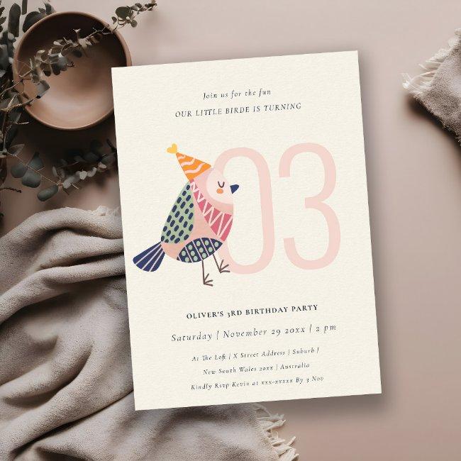 Cute Blush Pink Birdie Any Age 3rd Birthday Invite