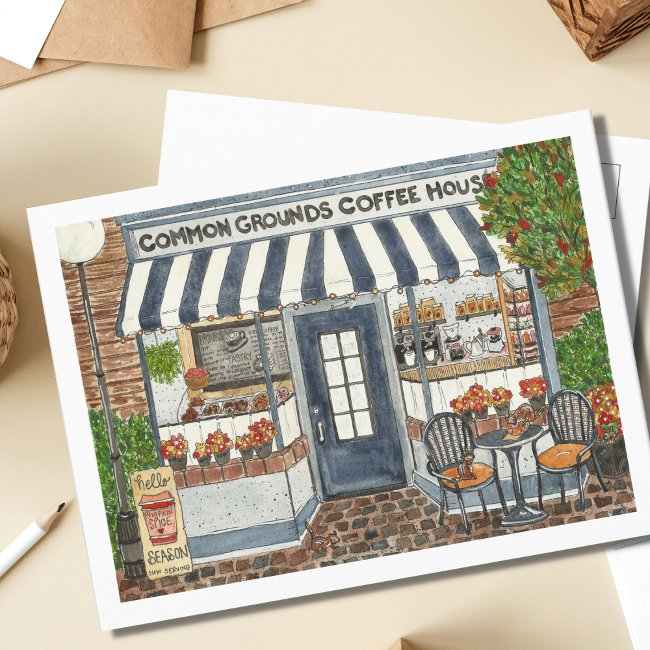 Cute Coffee House Storefront Watercolor Postinvitations