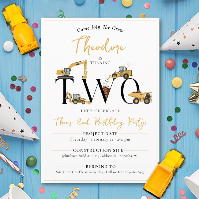 Cute Construction Dump Truck 2nd Birthday Party Invitation