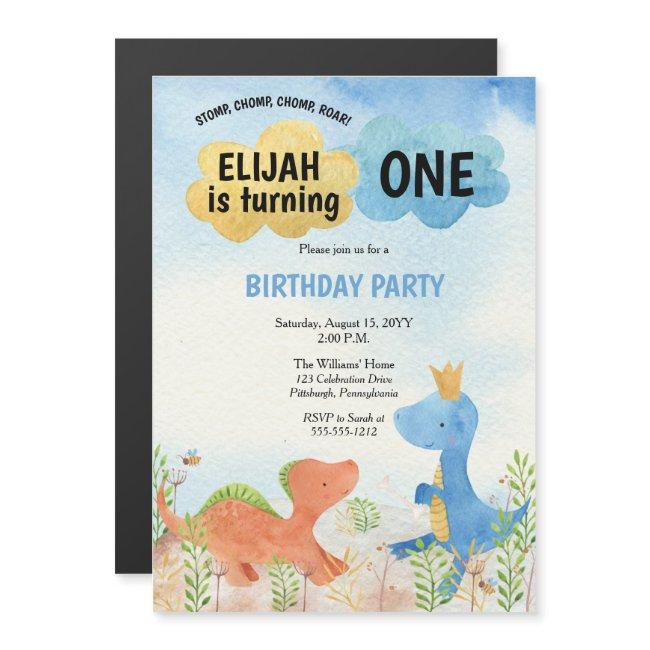 Cute Dinosaurs Playing Boy 1st Birthday Magnetic Invitation