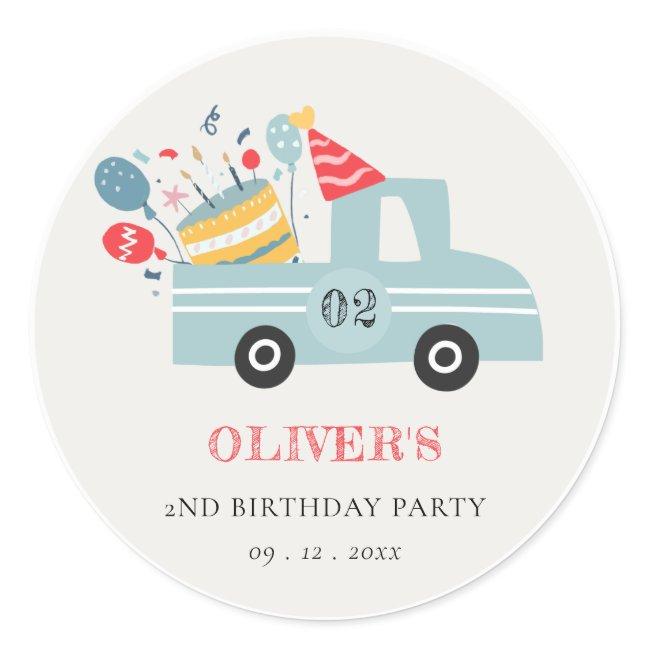 Cute Dusky Blue Any Age Birthday Party Cake Truck Classic Round Sticker