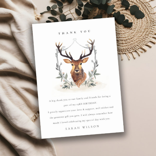 Cute Dusky Deer Floral Crest Any Age Birthday Thank You Invitations