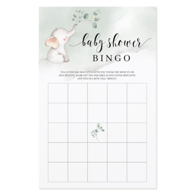 Cute Elephant Greenery Baby Shower Bingo Game