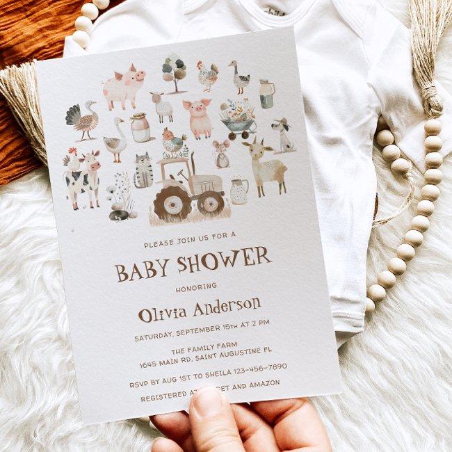 Cute Farm Animals Barnyard Neutral Baby Shower Invitation