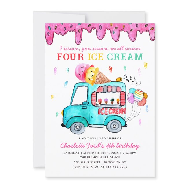 Cute Four Ice Cream Truck 4th Summer Kids Birthday Invitation