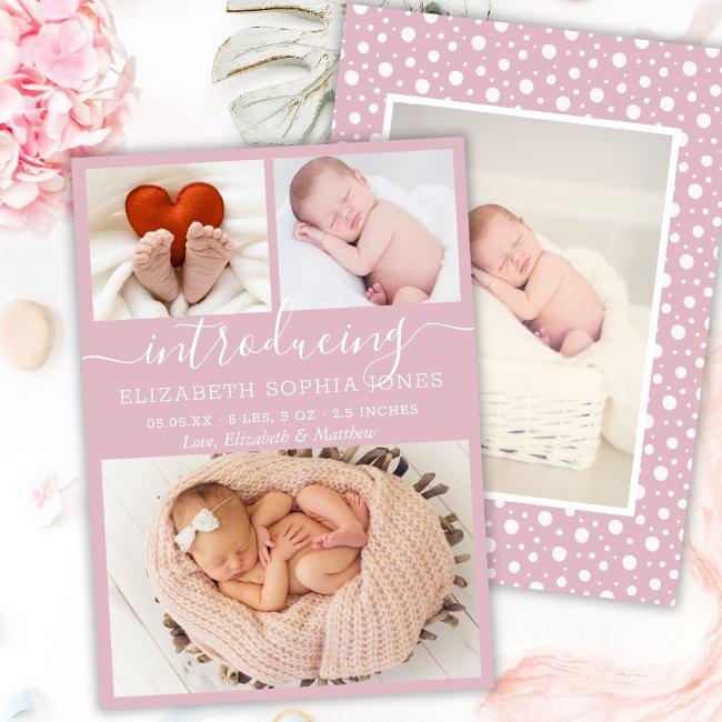 Cute Girl Birth Announcement Blush Photo Collage
