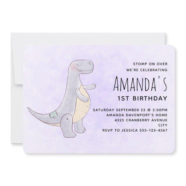 Cute Gray Dinosaur Toy Watercolor Birthday Invitation