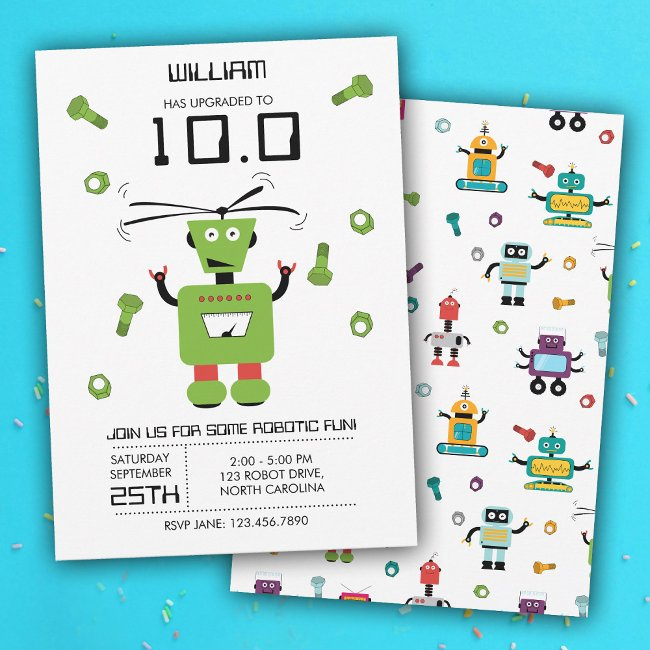 Cute Green Robot Theme Kids Robots Birthday Party Invitation