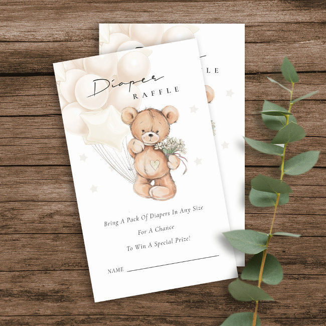 Cute Grey Bear Balloon Diaper Raffle Baby Shower Enclosure Invitations