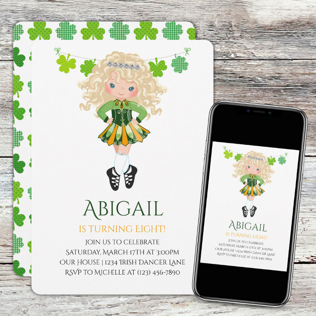 Cute Irish Dance Blond Girl Shamrocks Birthday Invitation