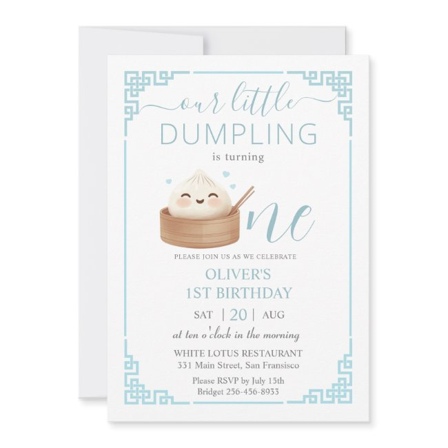 Cute Kawaii Little Dumpling Bun Blue 1st Birthday Invitation