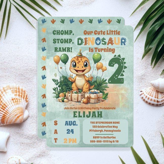 Cute Little Dinosaur Boy 2nd Birthday Party Invitation