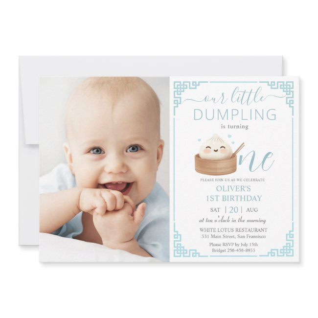 Cute Little Dumpling Blue 1st Birthday Photograph Invitation