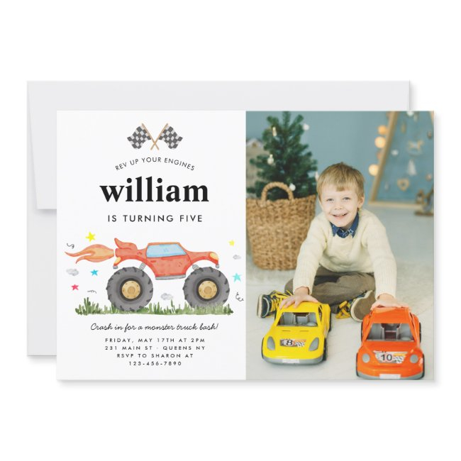 Cute Monster Truck Bash Race Photo Kids Birthday Invitation